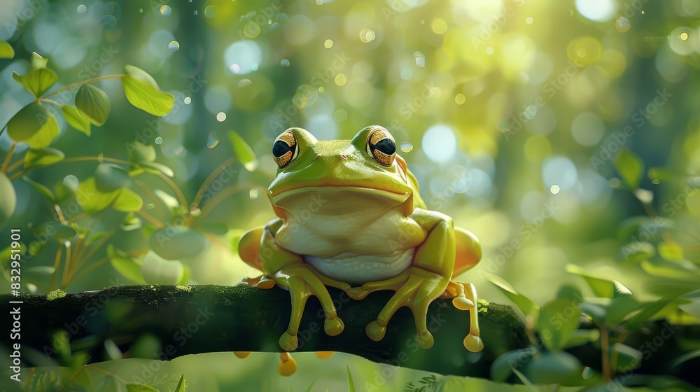 Illustration of cute frog sitting on a branch in a sunny forest. Illustration of cute frog sitting on a branch in a sunny forest.