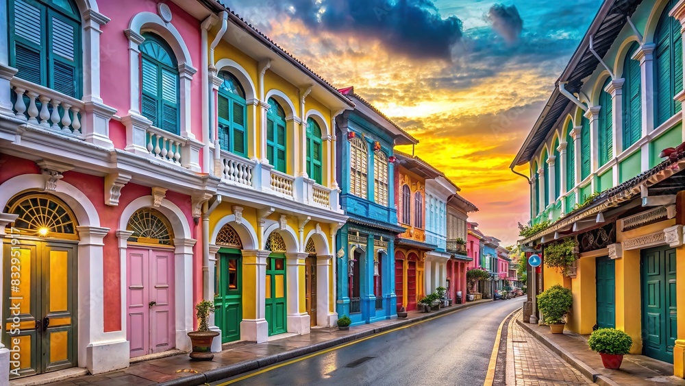 A beautiful and colorful street with historic buildings in Phuket Old Town, Thailand