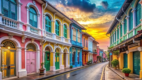 A beautiful and colorful street with historic buildings in Phuket Old Town, Thailand photo