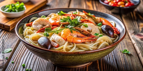 A bowl of delicious seafood noodles photo