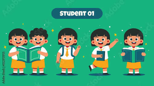 Cute Student with Various Activity at School. Back to School