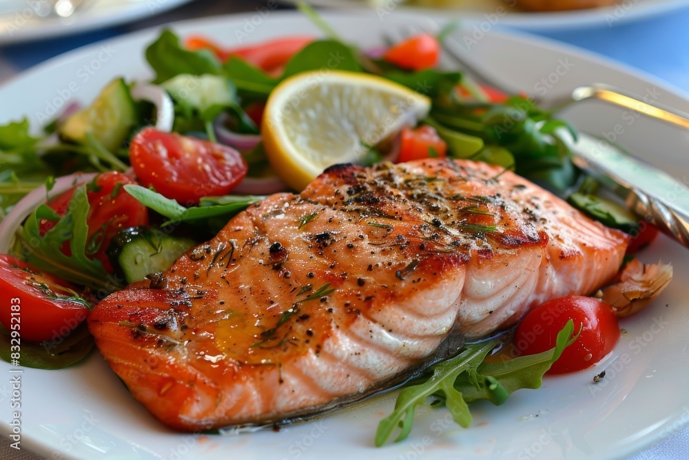 White Plate With Salmon and Salad White Plate With Salmon and Salad