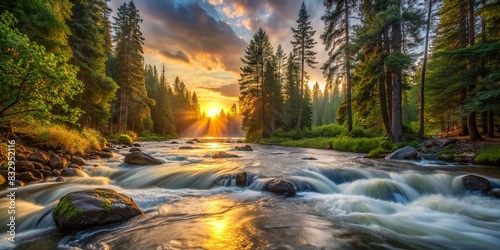 Tranquil forest setting with rushing river at sunset photo