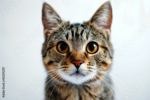 Closeup portrait of striped tabby cat with big eyes looking up at camera in cute and playful pose