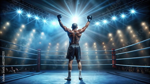 Boxing ring with spotlight shining down on victorious male boxer © wasana