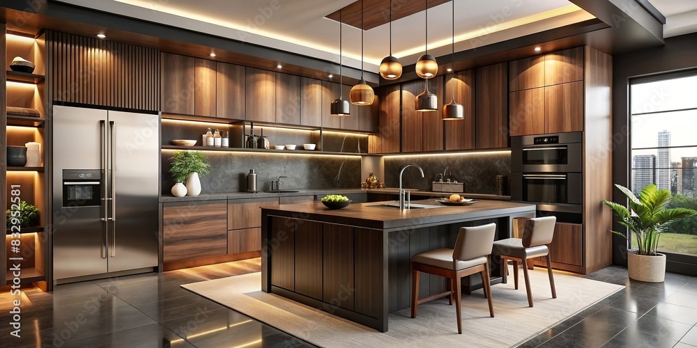 Luxurious modern kitchen with elegant black and brown tones, wood trim, and LED lighting