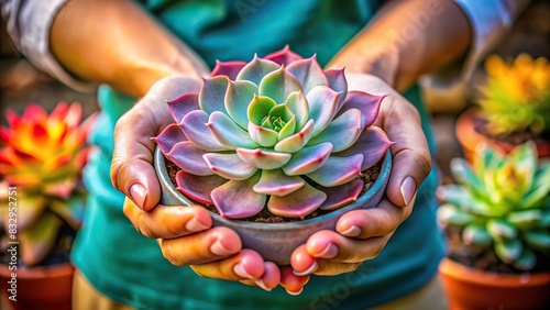 Colorful succulent plant being delicately held in hands © rattinan