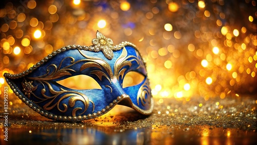 Luxury blue and golden carnival mask with abstract blurred golden background © wasan