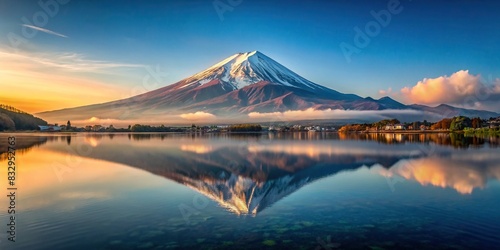 A serene and calming image of Mount Fuji reflected upside-down on a still lake surface photo