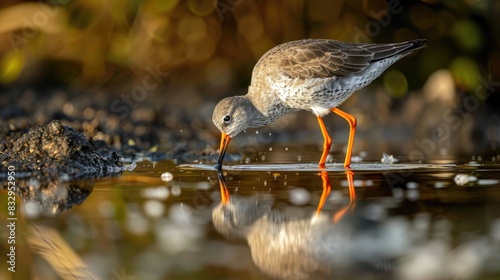 Search for food in a pond by the Common Redshank photo