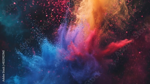 Colorful powder exploding against a dark backdrop Vibrant cloud of pigments burst Burst of colorful particles Festive paint cloud