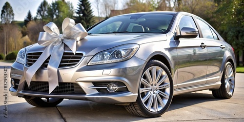 Luxurious silver car adorned with a decorative ribbon