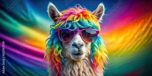 Fashionable llama with sunglasses and vibrant hair against colorful backdrop