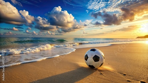 Scenic beach background with a soccer ball in the sand photo
