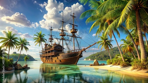 Detail 2 A majestic vintage pirate ship docked at a deserted island with palm trees and crystal clear water