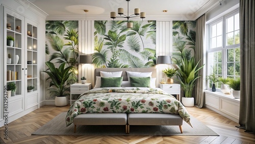 Modern bedroom with double bed, white interior, plants, floral pattern bedding, and a luxurious feel photo