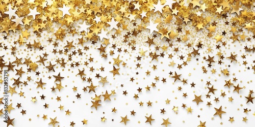 Golden glitter stars confetti overlay on a white background