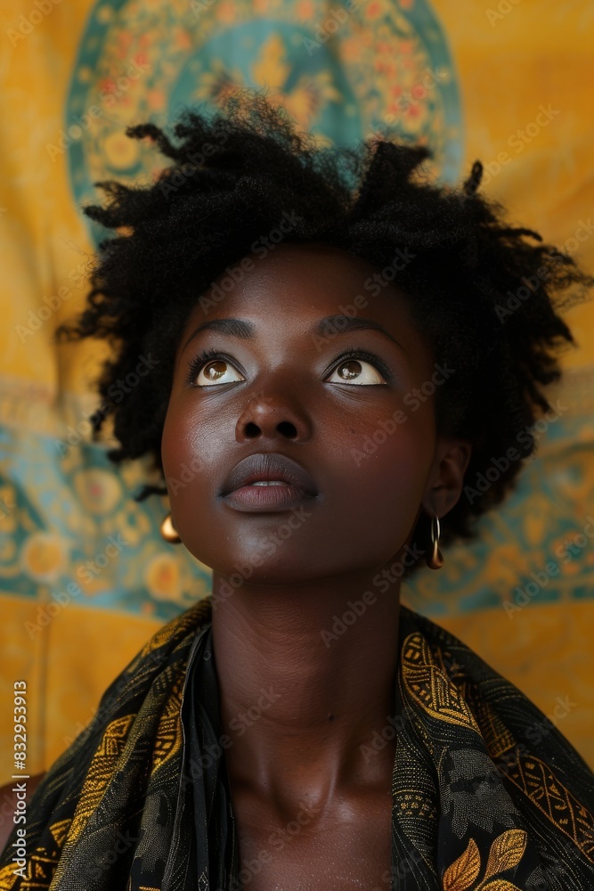 Portrait of a black woman looking up. Portrait of a black woman looking up.