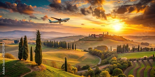 Airplane descending over picturesque Tuscan landscape with cypress trees and rolling hills during golden sunset photo