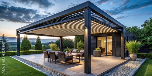 Modern black bioclimatic pergola with adjustable louvers and integrated LED lighting photo