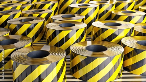 Rolls of yellow and black barricade tape used for safety and caution photo