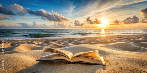 Serene beach landscape with book resting in the sand photo