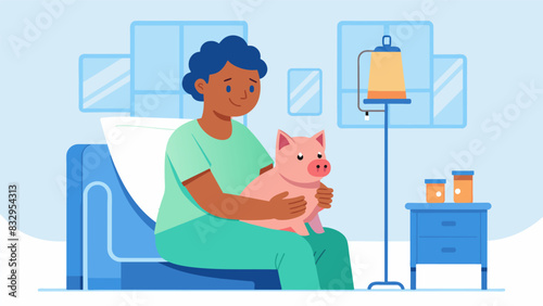 A therapy miniature pig is sitting on a patients lap in a hospital room as they both enjoy the peaceful energy and comfort of each others company.. Vector illustration