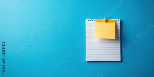 Blank note paper and information sign placed on a panoramic blue background
