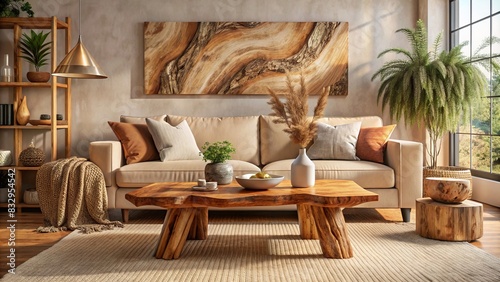 Live edge wooden coffee table next to beige sofa with clay decor in boho living room setting