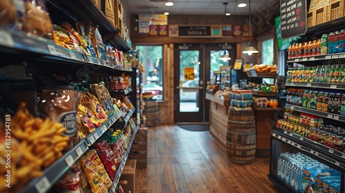 A bustling convenience store interior featuring various snack aisles  beverages  and essential groceries in a well-organized and inviting layout