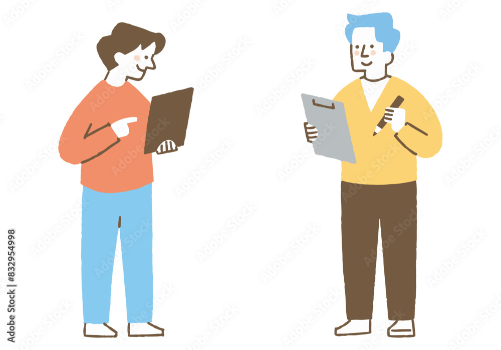 Obraz premium A person with a tablet and a person with a binder_color