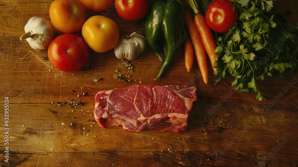 Freshly cut raw steak with a side of vegetables arranged on a wooden surface