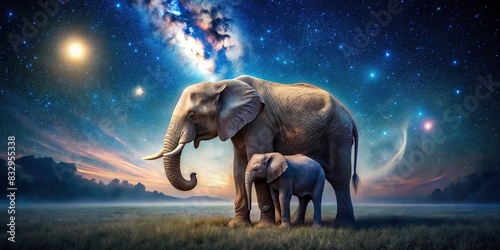 Mother elephant cradling her child under a starry sky