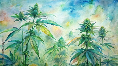 Flowering mature marijuana plants with buds and green leaves in indoor plantation. Organic female cannabis sativa with CBD. Watercolor painting