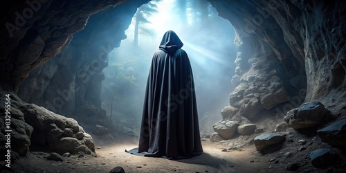 A mysterious man in a cloak standing in a dark cave photo
