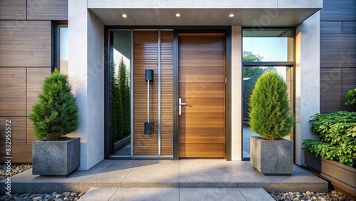 Modern front door with sleek design and elegant handle, creating a stylish entrance to the apartment © rattinan
