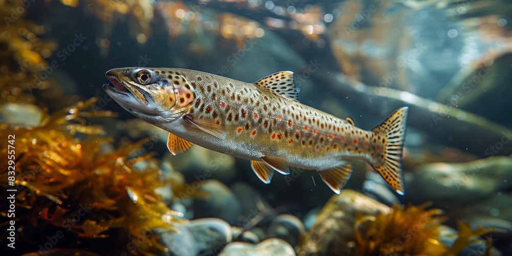 A close-up underwater photograph captures a stunningly detailed brown trout swimming amidst aquatic vegetation and rocks, showcasing its distinctive spotted pattern A close-up underwater photograph captures a stunningly detailed brown trout swimming amidst aquatic vegetation and rocks, showcasing its distinctive spotted pattern