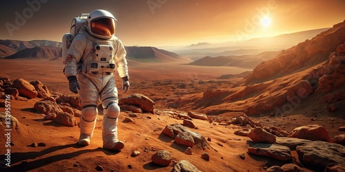 A space astronaut in a full spacesuit exploring the rocky terrain of planet Mars photo