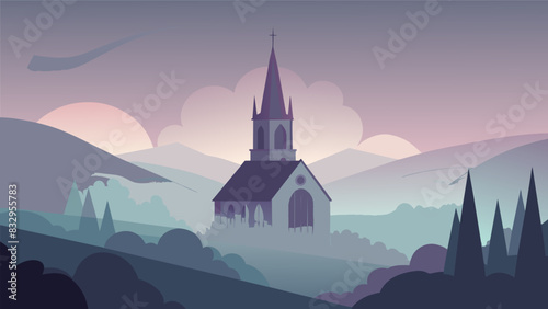 The morning fog casting a mystical aura around a solitary church steeple.. Vector illustration