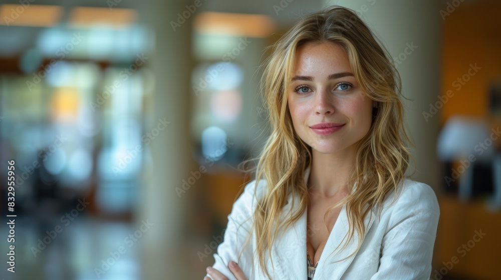 Fototapeta premium A confident young woman with blonde hair and a bright smile standing in a modern, well-lit office environment with a professional demeanor
