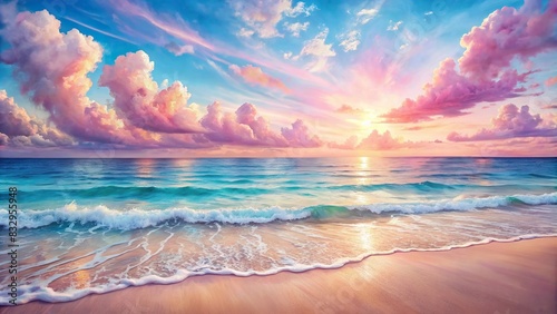 Realistic sea beach background in watercolor style with pink pastel tones photo