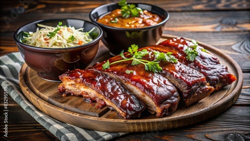succulent bbq ribs with tangy sauce and coleslaw served on a wooden table, accompanied by a black bowl photo