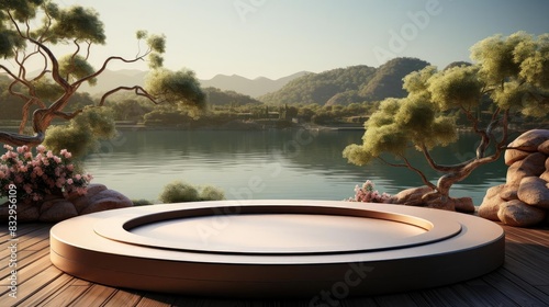 3d circle podium product stand or display with sky and Water background and cinematic light © GradPlanet