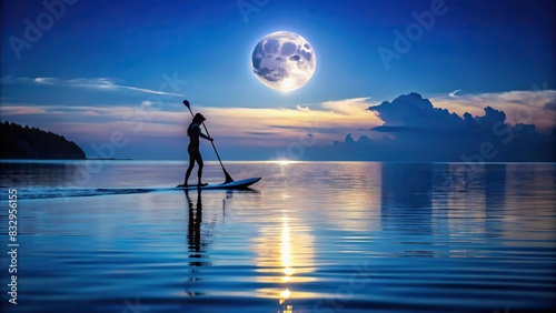 Moonlit paddleboarding on tranquil waters