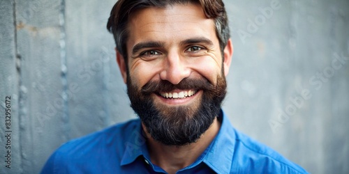 Man with a beard and a smile wearing a blue shirt photo