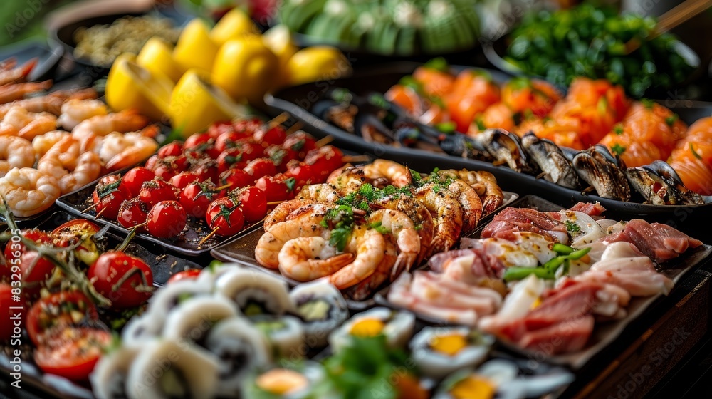 Fototapeta premium A diverse and vibrant assortment of seafood, sushi, and fresh vegetables displayed on a large platter, featuring an array of colorful ingredients at a gourmet food event