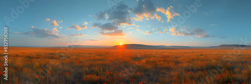 A panoramic view of a tranquil nature prairie at dusk  the last light of the day creating a serene atmosphere