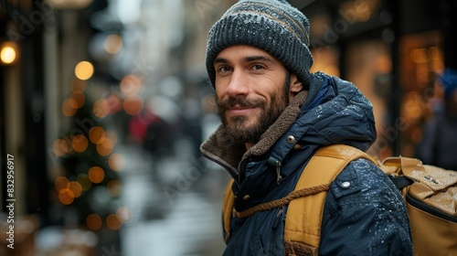 A man dressed warmly in a blue jacket and beanie with a backpack strolls through a snowy, festive street lined with lights and blurred pedestrians in the background