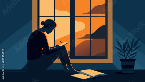 The silhouette of a person sitting by a window with warm sunlight streaming in jotting down things they are grateful for in their journal.. Vector illustration