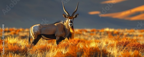 A magnificent gemsbok standing majestically in the golden grasslands, showcasing its long curved horns and striking black-and-white facial markings against a backdrop of distant dunes at sunset photo